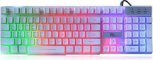 Rii RK100+ White Gaming Keyboard,USB Wired Multiple Colors Rainbow LED Backlit Large Size Mechanical Feeling Ultra-Slim Multimedia Office Keyboard Non-Slip for Primer Gaming and Working,Office Device