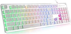 LANGTU Membrane Gaming Keyboard, Rainbow LED Backlit Quiet Keyboard for Office, USB Wired All-Metal Panel 25 Keys Anti-ghosting Computer Keyboard 104 Keys - L1 White/Silver