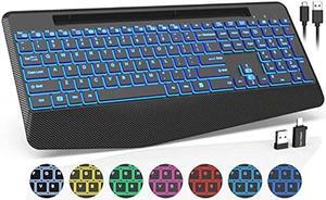 Wireless Keyboard with 7 Colored Backlits, Wrist Rest, Phone Holder, Rechargeable Ergonomic Computer Keyboard with Silent Keys, Full Size Lighted Keyboard for Windows, MacBook, PC, Laptop (Black)