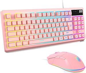 RGB Pink Gaming Keyboard and Mouse Combo,87 Keys Wired Backlit Mechanical Feeling with 7200 DPI Set for PC MAC PS4 Xbox Laptop