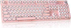 CHICHEN Retro Steampunk Typewriter-Style Gaming Keyboard, Blue Switches,Pure White Backlight, USB Wired, for PC Laptop Desktop, Stylish Pink Mechanical Keyboard Round Keycaps