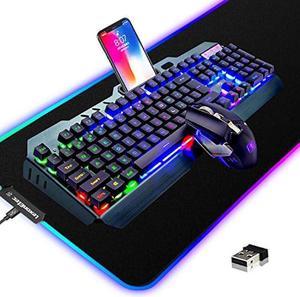 Wireless Gaming Keyboard and Mouse Combo,3 in 1 Rainbow LED Rechargeable Keyboard Mouse with 3800mAh Battery Metal Panel,10 Colors RGB Gaming Mouse Pad (32.5x12x0.15 inch),7 Colors Mute Gaming Mouse