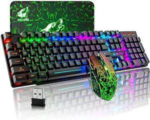 Wireless Gaming Keyboard and Mouse Combo Rainbow Backlight Quiet Ergonomic Mechanical Feeling Anti-ghosting Keyboard Mouse with Rechargeable 4000mAh Battery Mouse Pad for Computer Mac Gamer