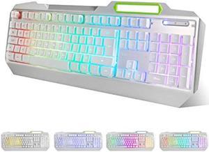 Lumsburry RGB LED Backlit Gaming Keyboard with Anti-ghosting, Light up Keys Multimedia Control, USB Wired Waterproof Metal Keyboard for PC Games Office (Silver&White)