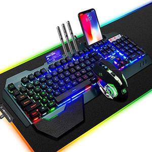 FELiCON Wired Game Keyboard and Mouse Combo, RGB LED Backlit Mechanical Feel Keyboard with Hand Rest Phone Holder,and 6 Button 3200 DPI Mice and Large RGB Mouse Pad for Computer Gamer Office