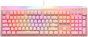 i-rocks K71M RGB Mechanical Gaming Keyboard with Media Control Knob, Gateron Switches (Brown), 104 Keys w/Full NKRO, PBT Keycaps, Multimedia Hotkeys, Detachable USB-C Cable and Onboard Storage, Pink