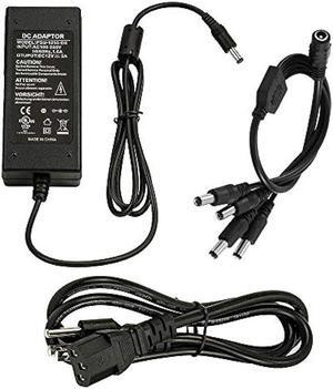 InstallerCCTV 12V 5A Power Adapter & 4-Way Splitter Pigtail Cable, 3 Prong Power Cord, UL Listed, Fits DVR NVR AHD TVI CCTV Security Surveillance Camera System, LED Strip Lights