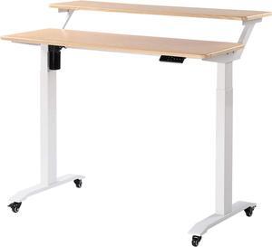 UNICOO - 2 Tier Electric Height Adjustable Standing Desk, Electric Standing Workstation Home Office Sit Stand Up Desk (Light Oak Top/White Legs - Electric- 2 Tier)