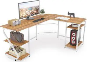 L Shaped Desk Reversible, Corner Computer L Desk with Storage Shelves, Modern Gaming Desk Workstation for Home Office, Walnut
