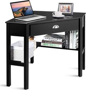 DORTALA Corner Desk, Writing & Study Corner Computer Desk, Laptop PC Table, Wood Home Office Desk, Small Corner Desk w/Storage Drawer, Shelves, Office Study Workstation, White Corner Desk (Black)