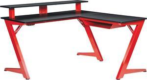 OSP Home Furnishings Avatar Battlestation L-Shape Gaming Desk with Bluetooth RGB LED Lights and Carbon Fiber Surface, Red