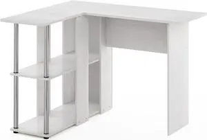 Furinno Abbott L-Shape Desk with Bookshelf, White Oak/Chrome