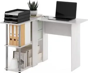Furinno Abbott L-Shape Desk with Bookshelf, White Oak/Chrome Furinno Abbott L-Shape Desk with Bookshelf, White Oak/Chrome