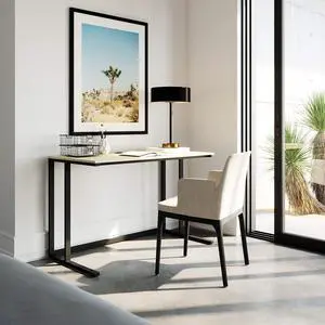 Flats & Castles Logan Modern Industrial Large Home Office Writing Desk with Thick Wood Top, Black Metal Legs, and Cable Management (48", Natural)