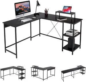 UNICOO - L Shaped Computer Desk, Modern Corner Computer Desks with CPU Stand, L Shaped Game Table with Storage Shelves, Study Writing Desk(SYK-03-L-B) Black