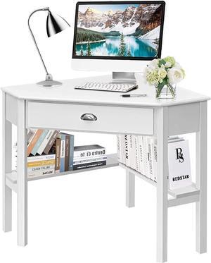 HOMGX Corner Desk, Writing and Study Corner Computer Desk, Laptop PC Table, Wood Home Office Desk, Small Corner Desk with Storage Drawer, Shelves, Office Study Workstation, White Corner Desk (White)