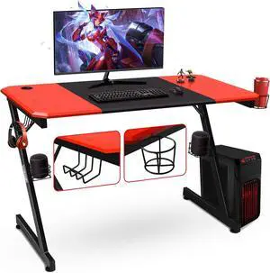 POWERSTONE Gaming Desk - Computer Desk 47" with Cup Holder Audio Stands Headphone Hook and 2 Cable Management Holes Large Gamer Workstation for Kids Adults, Z-Shaped, Red