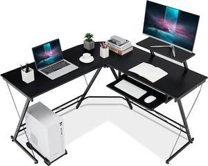 Tangkula L-Shaped Computer Desk, Home Office Corner Workstation with Movable Host Stand, Removable Monitor Shelf & Pull-Out Keyboard Tray, Study Writing Gaming Desk (Black)