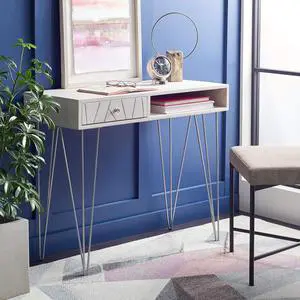 SAFAVIEH Home Office Collection Marigold White Wash and Silver 1-Drawer Hairpin Leg Desk