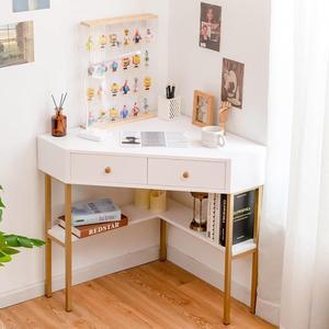 IFANNY Corner Desk with Drawers, 90 Degrees Triangle Desk w/Storage Shelves and Metal Frame, Corner Writing Desk, Corner Makeup Vanity Table, Small Corner Desks for Small Spaces (White)