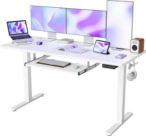 FEZIBO 63-Inch Large Height Adjustable Electric Standing Desk with Keyboard Tray, 63 x 24 Inches Sit Stand up Desk with Splice Board, White Frame/White Top