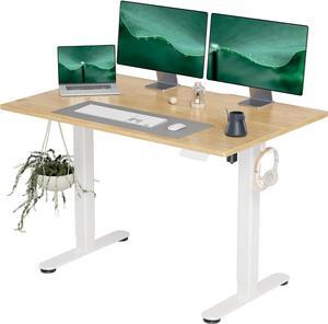 Solid Wood Electric Standing Desk, 48x24 Inches Adjustable Height Stand up Desk with Whole Piece Desktop, Sit Stand Home Office Desk White Frame/Nature Top