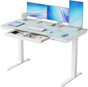 BANTI Electric Standing Desk with Drawers, 55 inch Whole-Piece Glass Desktop, Height Adjustable Stand up Sit Stand Home Office Ergonomic Workstation, White Tabletop