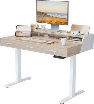 FEZIBO Electric Standing Desk with 3 Drawers&Monitor Shelves, 48 x 26 Inches Splice Board Sit Stand Up Home Office Desks, White Frame/Light Walnut Top