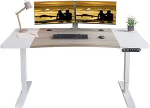 Jceet Dual Motor Electric Standing Desk - 63 x 30 Inch Adjustable Height Sit Stand Computer Desk with Splice Board, Stand Up Desk Table for Home Office, White Frame/Oak and White Top(with Radian)