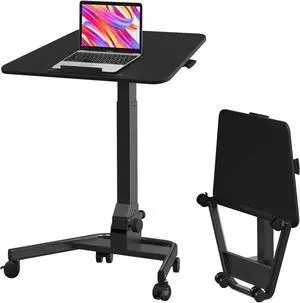 JYLH JOYSEEKER Foldable Mobile Standing Desk, Pneumatic Height Adjustable Rolling Sit Stand Desk, 90° Tiltable Portable Laptop Desk on Wheels, Mobile Desk Workstation for Home Office, Easy to Fold