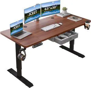 Jceet Electric Standing Desk with Drawer, 63x30 Inches Adjustable Height Sit Stand Up Desk with 4 Splice Boards, Home Office Desk Computer Workstation with Dark Walnut Top/Black Frame