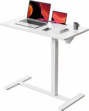 Mobile Standing Desk, Pneumatic Adjustable Rolling Desk(31.5 Inches), Portable Laptop Desk with Wheels, Overbed Bedside Table Laptop Table for Couch, Home, Office, White