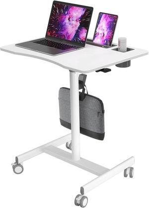 JYLH JOYSEEKER Mobile Standing Desk, 28 inch Pneumatic Sit Stand Desk Riser Height Adjustable Rolling Laptop Cart with Lockable Wheels for Home Office Computer Projector Workstation, White
