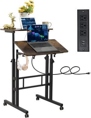 Hadulcet Mobile Standing Desk with Charging Station, Adjustable Standing Computer Desk, Standing Adjustable Laptop Cart with Wheels for Home Office Classroom Rustic Brown