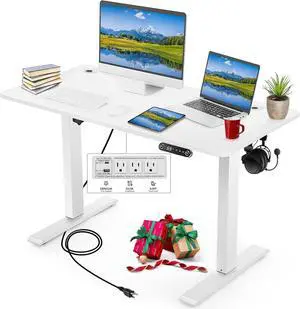 KORGOL Electric Standing Desk 48 x 24 Inches Adjustable Height Sit Stand Up Desk for Home Office Computer Desk with 2 USB Ports 3 AC Power Outlets Memory Preset, Headphone Hook (White)