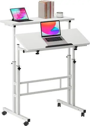 sogesfurniture Mobile Stand Up Desk, Adjustable Laptop Desk with Wheels Home Office Workstation, Rolling Table Laptop Cart for Standing or Sitting, Rolling Stand Up Desk Computer Desk, White