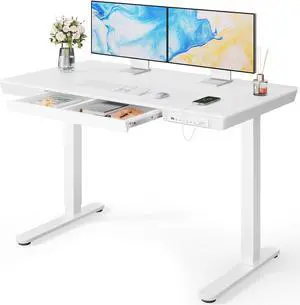 Marsail Standing Desk with Drawer, 48 x 24 inch Whole Piece Tabletop Electric Standing Desk, Height Adjustable Desk with USB Charging Ports, Sit Stand Desk with Storage for Home & Office White