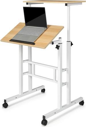 Magshion Stand Up Desk with 2 Platforms Height Adjustable Computer Rolling Natural Table with Wheels for Small Spaces