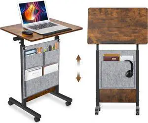KOUPA Height Adjustable Standing Desk with Storage Bag 16 x 24 in, Portable Rolling Mobile Stand Up Table with Wheels, 360° Flip Laptop Computer Desk for Home Office, Rustic Brown