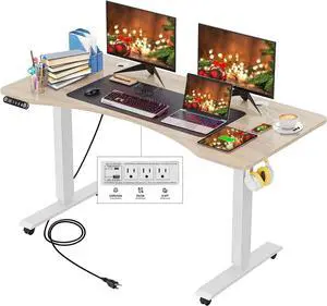 KORGOL Electric Standing Ergonomic Desk 55 x 24 Inches Adjustable Height Sit Stand Up Desk for Home Office Computer Desk with 2 USB Ports 3 AC Power Outlets Memory Preset, Headphone Hook (Oak)