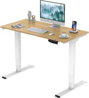 48 Inch Bamboo Electric Standing Desk, 3 Stage Dual Motor Height Adjustable Desk, Stable and Durable Sit to Stand Home Office Desk (White Frame/ 48 x 24 Natural Bamboo Top)