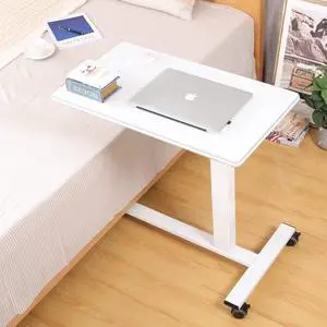 TigerDad Pneumatic Adjustable Overbed Table with Gas Spring Riser | Medical Adjustable Bed Side Table with Wheels | Portable Standing Desk for Laptop Computer with Large Work Space 30.7"x 17"