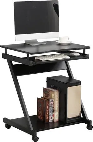 soges Small Rolling Computer Desk, Z Shape Laptop Desk Cart on Wheels, Mobile Computer Workstation for Home and Office with Keyboard Tray, Black