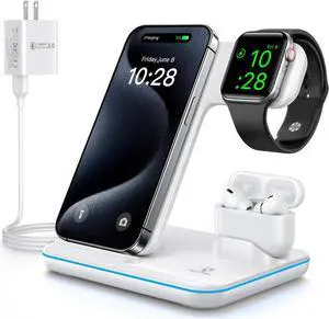 Wireless Charger 3 in 1, 15W Fast Charging Station for Apple Watch 9/8/Ultra 2/Ultra/SE/7/6/5/4/3/2, for AirPods 3/2/1/Pro/Pro 2, for iPhone 15/14/13 /Plus/Pro/Pro Max/12/11/X/Xr/XS/8 (White)