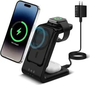 3 in 1 Wireless Charging Station, Fast Charger Stand Compatible for iPhone/Apple Watch/Airpods, 5000mAh Mag-Safe Battery Pack USB C Power Bank for 15 14 13 12 Series, 20W PD Adapter (Black)