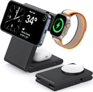 3 in 1 Wireless Charging Station for Multiple Devices, Fast Foldable Travel Mag-Safe Stand for iPhone 16/15/14/13/12/Series, Magnetic Charger for Apple Watch 10/Ultra 2/AirPods 4 with 20W Adapter