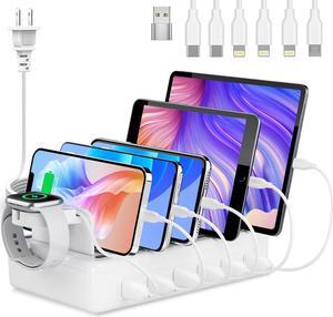 Charging Station for Multiple Devices, 6 Port 50W Fast Multi Charger Station Charging Dock with 6 Mixed Charging Cables for iPhone, iPad, Kindle, Tablet, Cellphone and Others