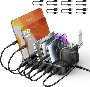 Charging Station for Multiple Devices,75W 6 Port Multi USB C Fast Charger Station with 7 Mixed Charging Cables,USB Charging Dock Compatible with iPhone, Samsung, iPad, Tablet and More