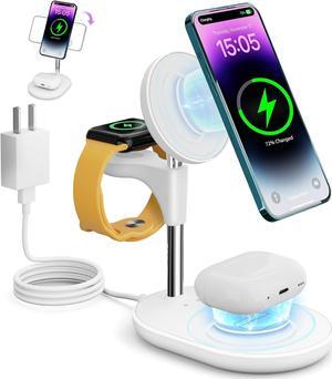 Wireless Charging Station for Multiple Devices Apple, 3 in 1 Wireless Charger Stand Mage-Safe Charger for iPhone 15 14 13 12 Pro Max/Plus/Pro Apple Watch AirPods (White)