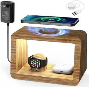Bamboo Wireless Charging Station: 3-in-1 Wireless Charger with Night Lights - Fast Charging Stand Compatible with iPhone 14/13/12/11 Pro Max/X/Xs Max/8, AirPods Pro, iWatch Series 8/7/6/5/SE/4/3/2